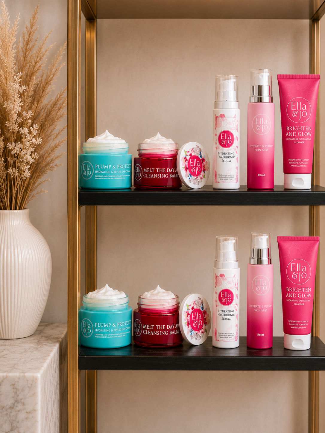 Skincare products displayed on a neutral shelf