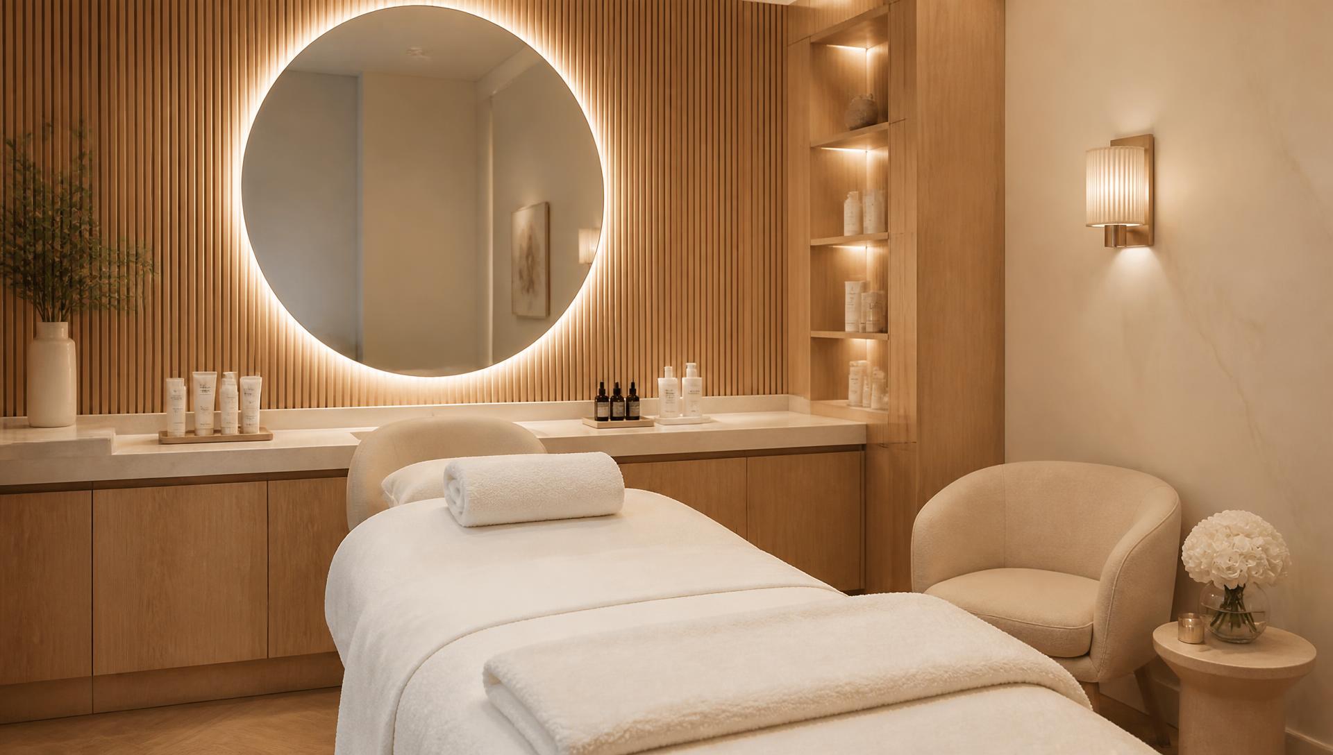 Treatment room at Lottie's Loft with fluted oak panelling and warm lighting